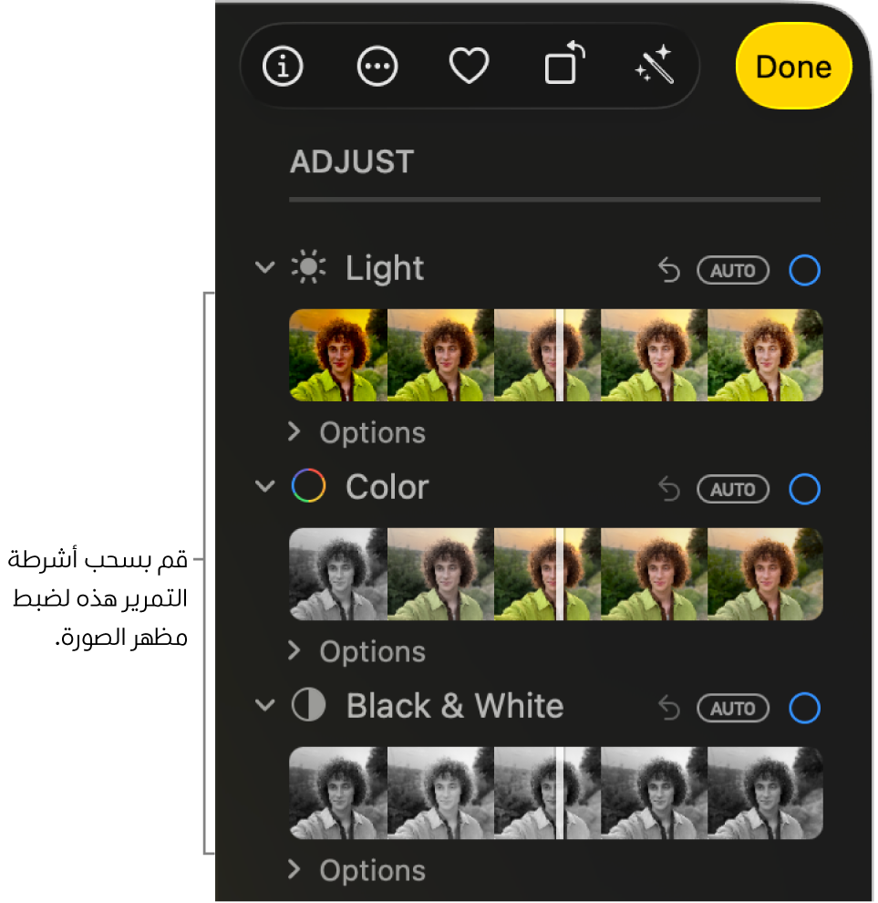أشرطة تمرير الإضاءة، اللون أو الأسود والأبيض في جزء ضبط. زر تلقائي يظهر فوق كل شريط تمرير.