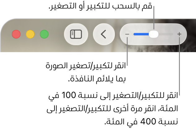 شريط الأدوت وتظهر عليه عناصر التحكم في التكبير/التصغير.