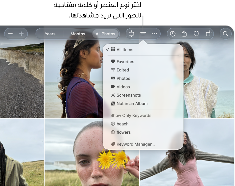تم تعيين القائمة المنبثقة فلترة بحيث تعرض كل العناصر. انقر على الزر فلترة لاختيار نوع العنصر أو كلمة مفتاحية للصور المراد عرضها.