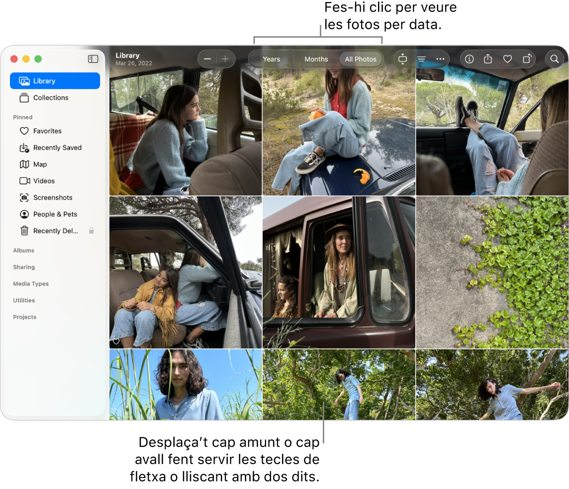 Finestra de l’app Fotos en què es mostren la vista “Totes les fotos” seleccionada a la barra d’eines i les fotos organitzades per data a la secció principal.