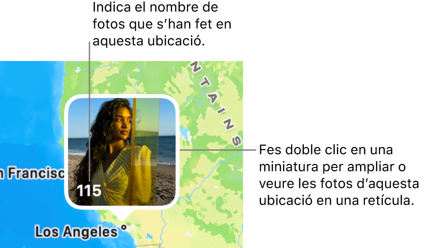 Una miniatura d’una foto al mapa, amb una xifra a l’angle inferior esquerre que indica la quantitat de fotos que s’han fet en aquella ubicació.