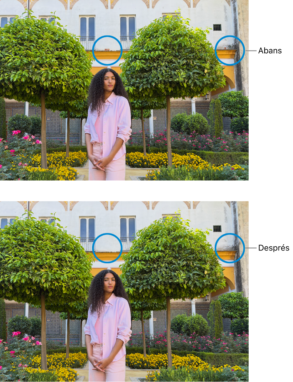 Una foto que mostra imperfeccions en un edifici i la mateixa foto després de retocar-la.