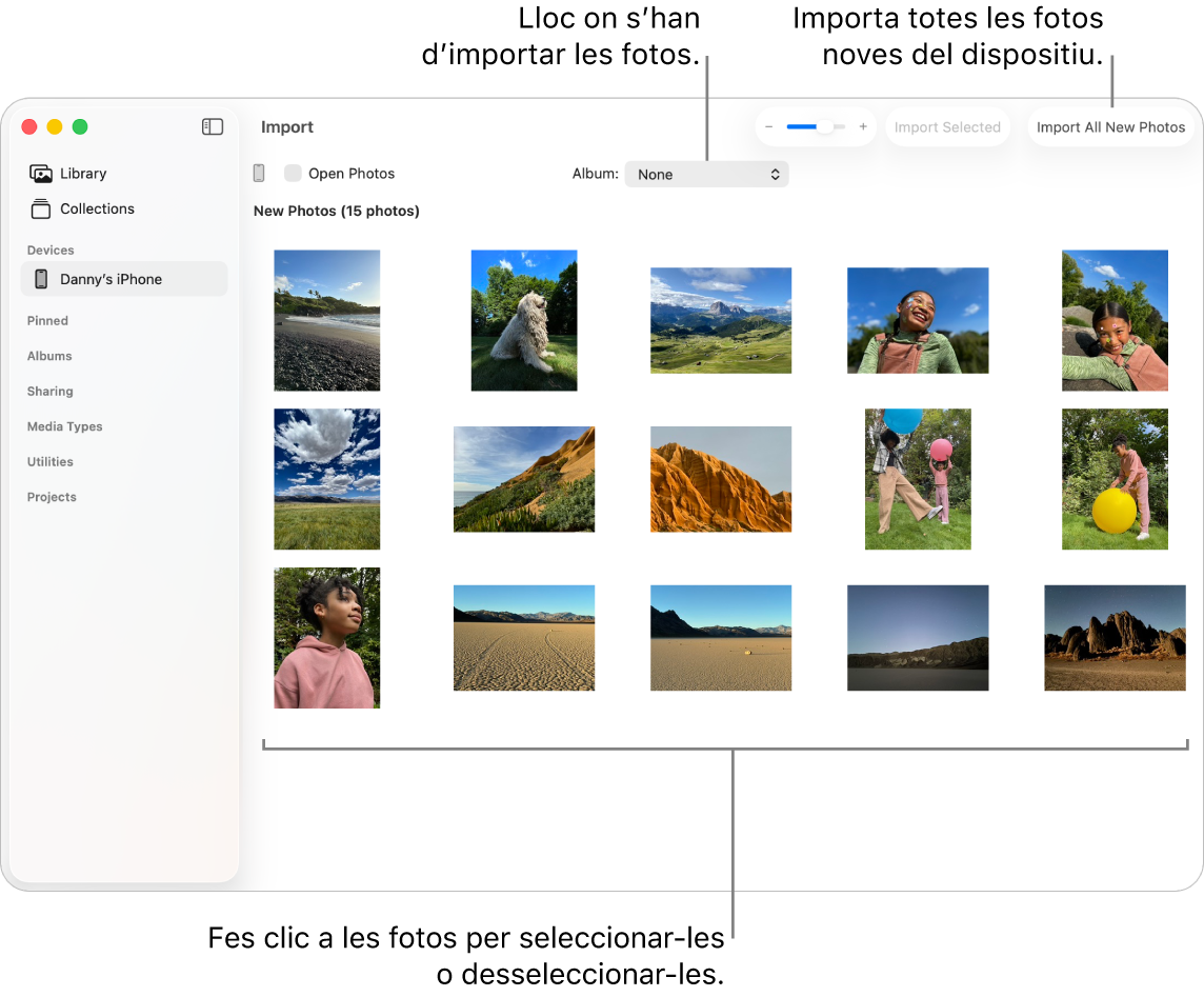 La finestra d’importació de l’app Fotos del Mac mostra fotos noves en un dispositiu. A la part superior central hi ha el menú desplegable “Àlbum”. Els botons d’importació són a la part superior dreta.