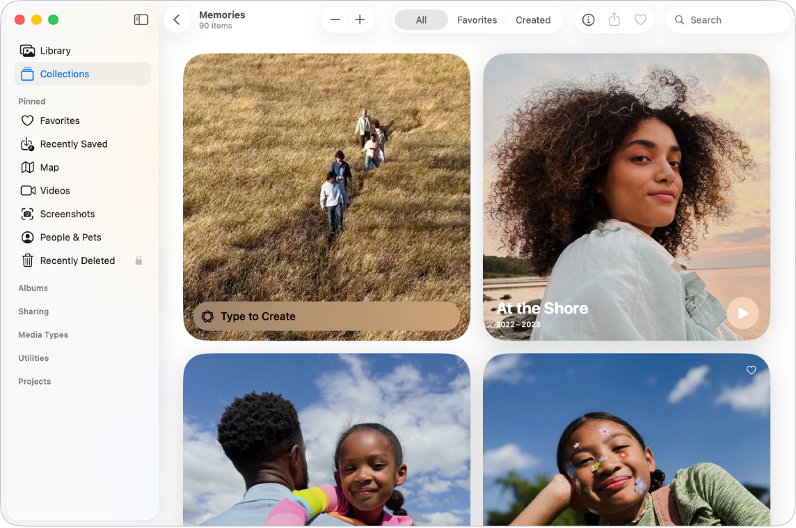 Finestra de l’app Fotos en què es mostra l’àlbum “Col·leccions” seleccionat a la barra lateral i els records a la dreta.
