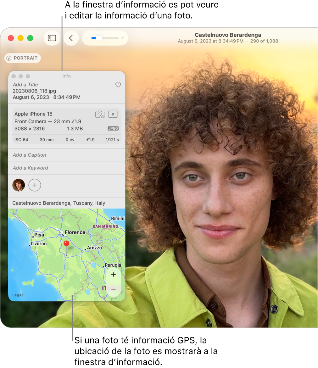 A la finestra d’informació d’una foto es mostra la data i l’hora en què es va fer la foto, la informació sobre el dispositiu que la va fer, la ubicació de la foto i altres dades.