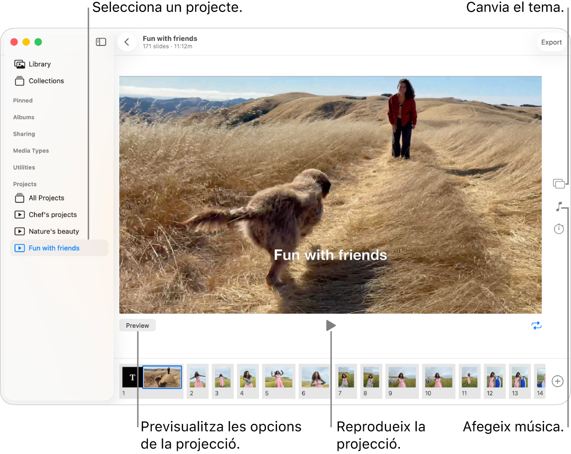 Finestra de l’app Fotos en què es mostra una projecció a la part principal, amb els botons “Previsualitza”, “Reprodueix” i “Bucle” sota la imatge principal de la projecció i miniatures de totes les imatges de la projecció a la part inferior. Els botons “Tema”, “Música” i “Durada” són a la dreta.