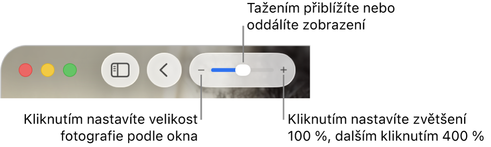 Panel nástrojů s ovládacími prvky přiblížení