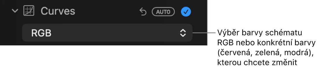 Ovládací prvky Křivky na panelu Úpravy s volbou RGB vybranou v místní nabídce