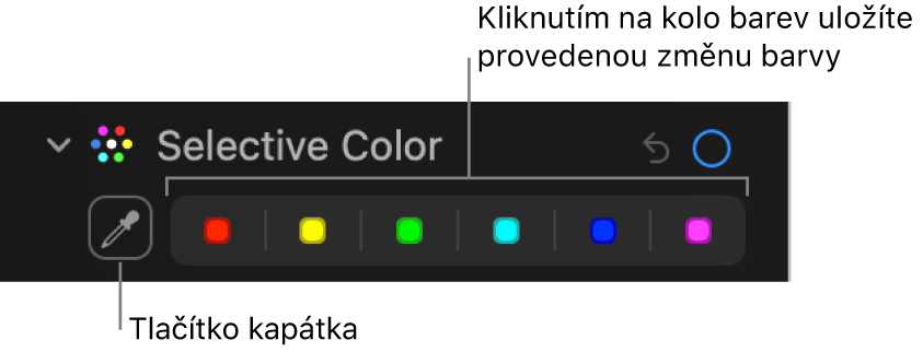 Ovládací prvky Selektivní barva na panelu Úpravy s tlačítkem Kapátko a koly barev