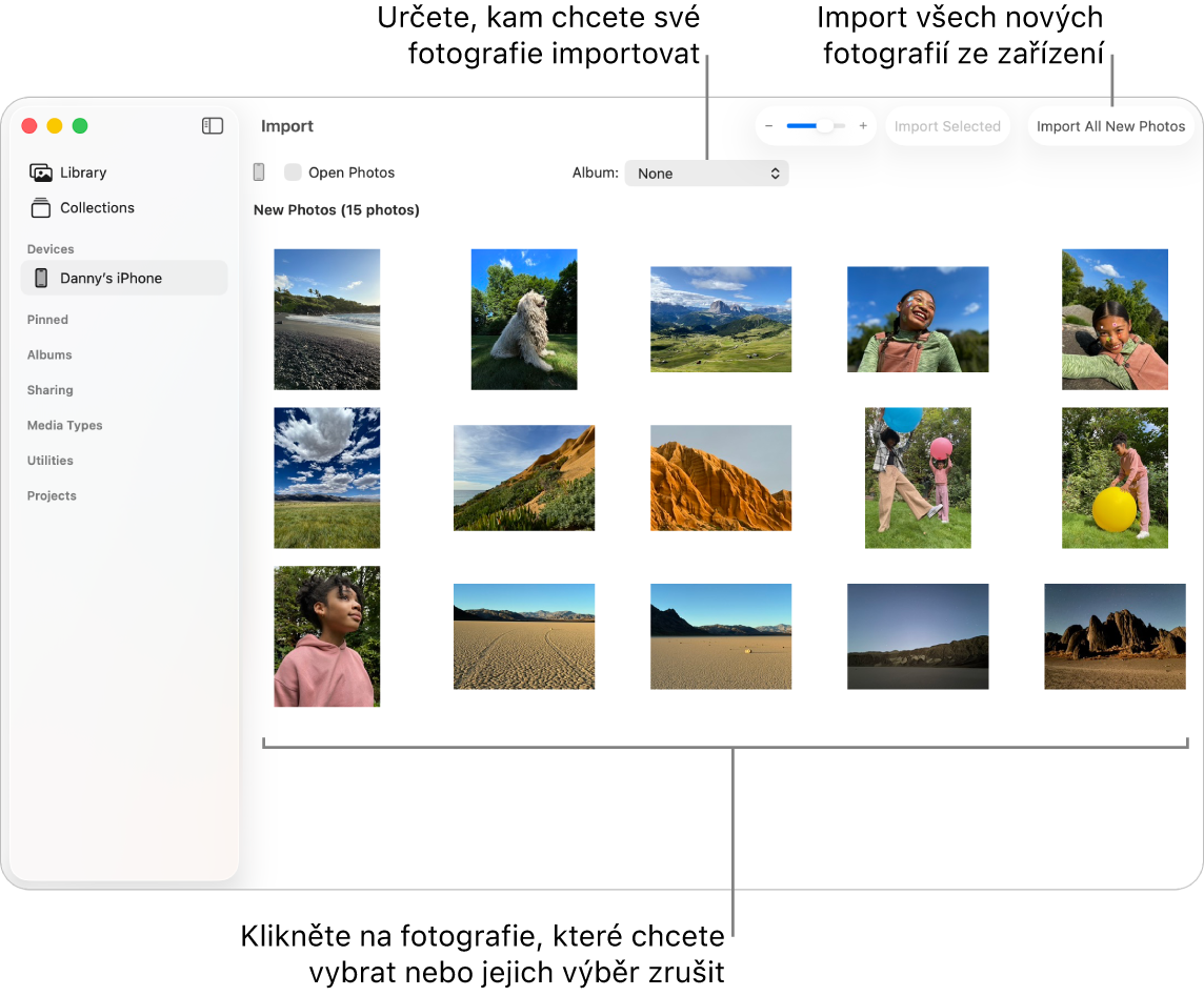 Okno Import v aplikaci Fotky na Macu zobrazující nové fotky na zařízení Nahoře uprostřed je místní nabídka Album. Tlačítka importu se nacházejí vpravo nahoře