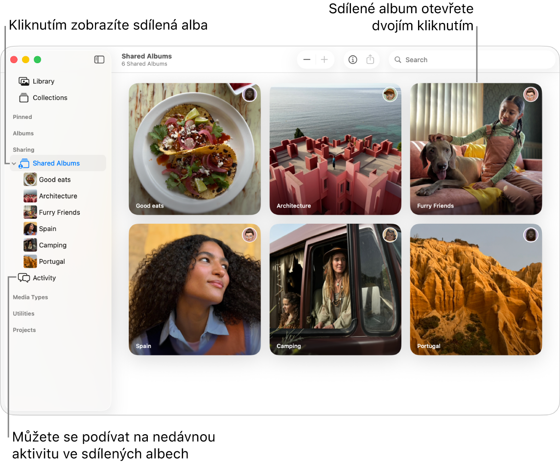 Okno Fotek, v němž je na bočním panelu vybrána složka Sdílená alba a napravo jsou vidět sdílená alba