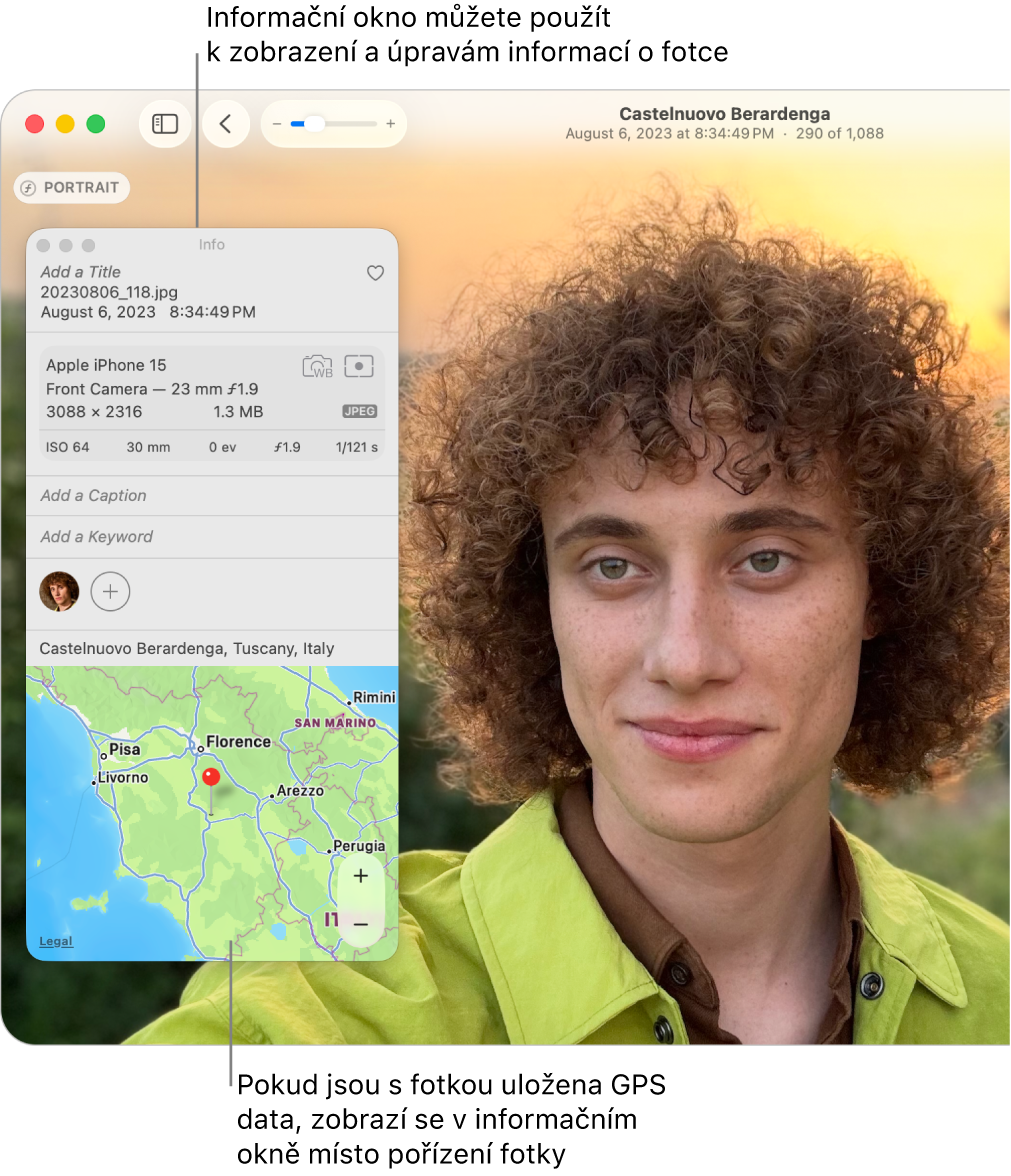 Okno Informace pro určitou fotku, ukazující datum a čas pořízení, informace o zařízení, jímž byla fotka pořízena, polohu fotky a další údaje