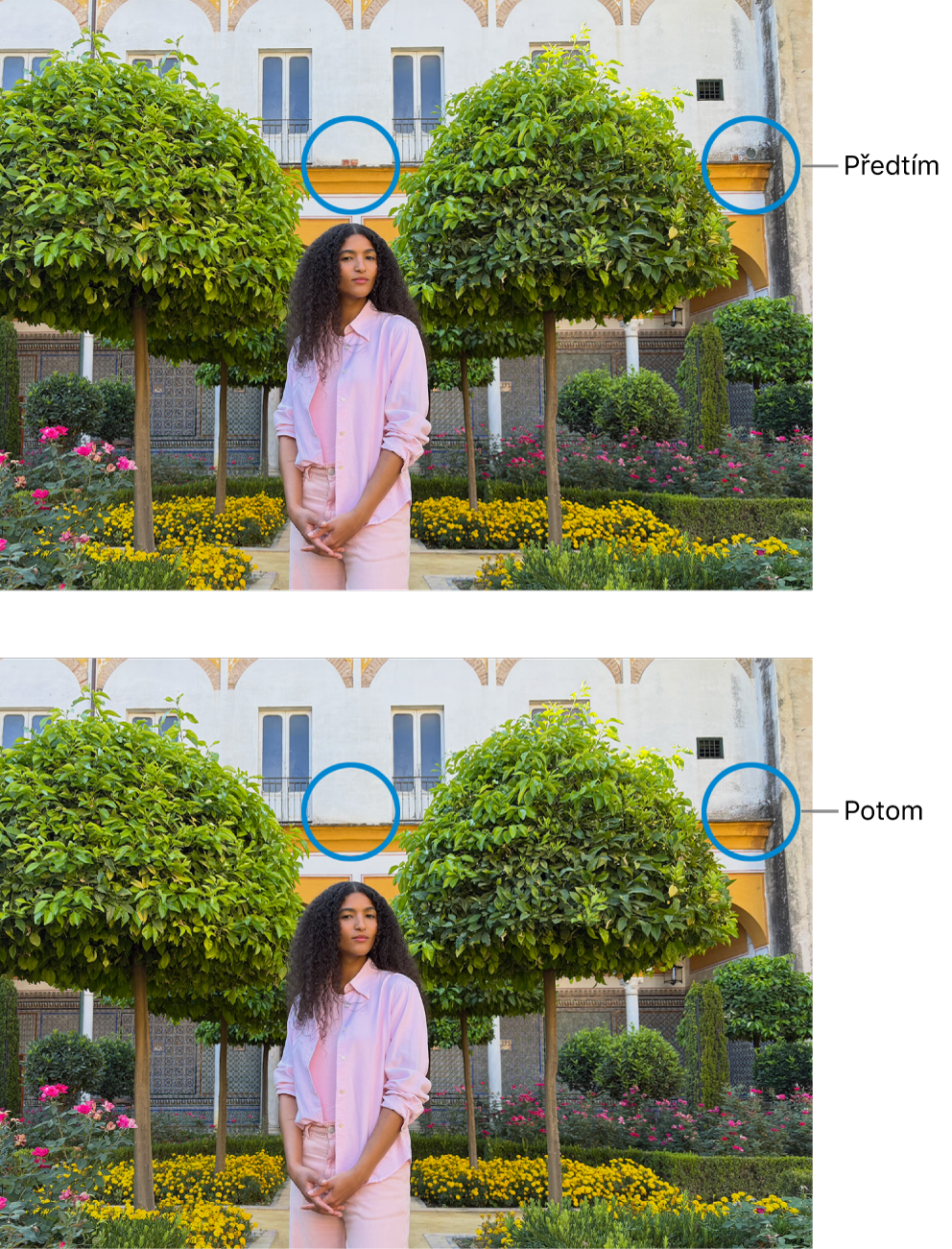 Fotka zobrazující nedokonalosti na budově a tatáž fotka po vyretušování