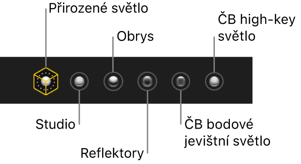 Možnosti efektů nasvícení portrétního režimu; zleva doprava Přirozené, Studiové, Obrysové, Jevištní, Černobílé jevištní a Černobílý ostrý jevištní reflektor