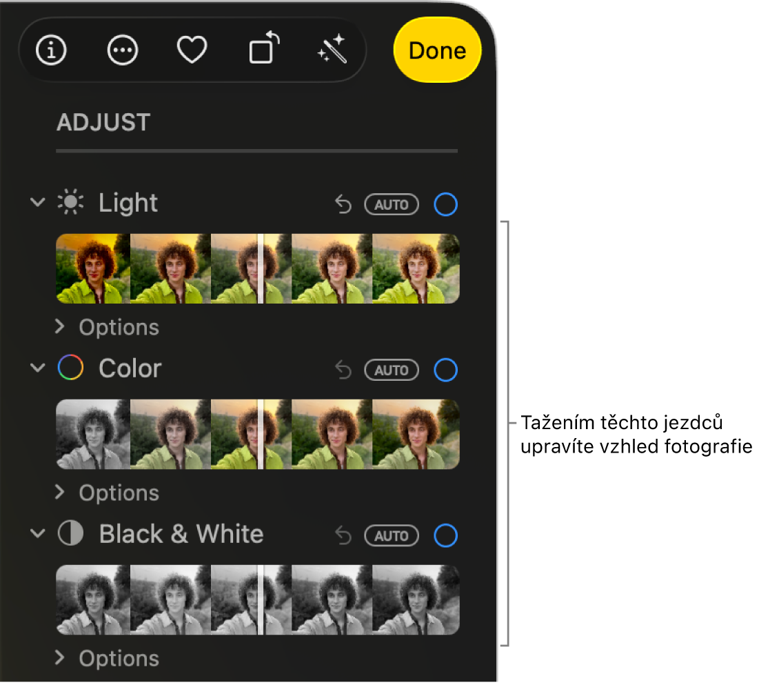 Jezdce Světlo, Barva a Černá a bílá na panelu Úpravy. Nad každým z jezdců je tlačítko Automaticky.