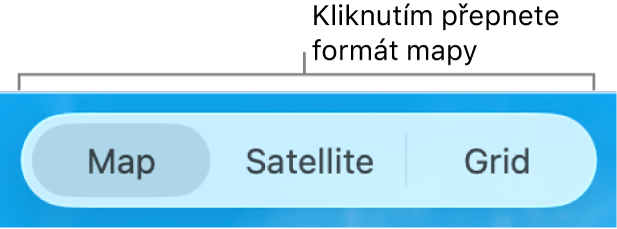 Tlačítka Mapa, Satelitní a Mřížka.