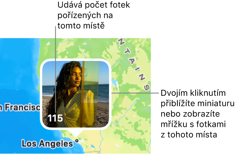 Miniatura fotografie na mapě; v levém dolním rohu je vidět číslo udávající počet fotek pořízených na daném místě
