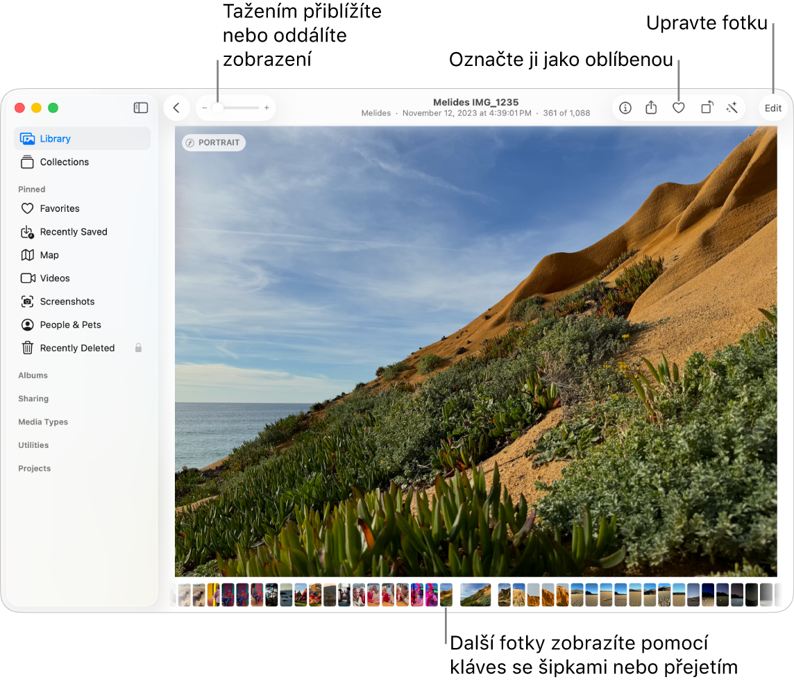Okno aplikace Fotky, v němž je napravo vidět zvětšená fotka a pod ní řádek s miniaturami Panel nástrojů u horního okraje obsahuje jezdec zvětšení, tlačítko Oblíbené a tlačítko Upravit.