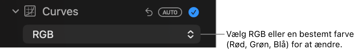 Betjeningsmulighederne til Kurver i vinduet Juster, der viser RGB valgt på lokalmenuen.