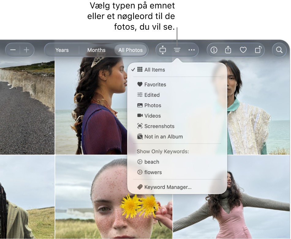 Lokalmenuen Filtrer er indstillet til at vise alle emner. Klik på knappen Filtrer for at vælge emnets type eller et nøgleord til de fotos, du vil se.