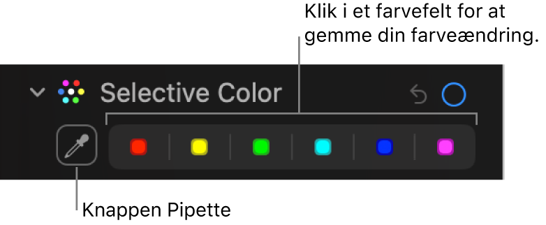 Betjeningsmulighederne til Selektiv farve i vinduet Juster, der viser pipetteknappen og farvefelter.