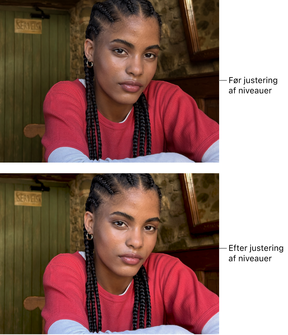Et foto før og efter justeringer af niveauer.