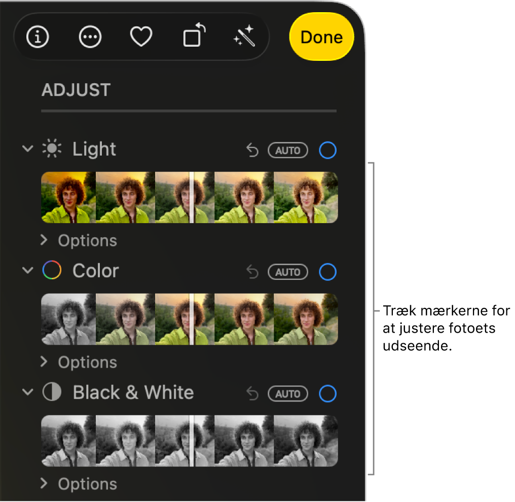 Mærkerne Lys, Farve og Sort/hvid i vinduet Juster. Knappen Auto vises over hvert mærke.