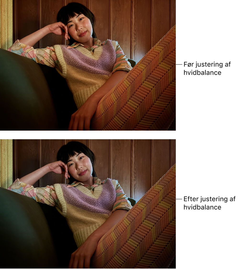 Et foto før og efter justering af hvidbalance.