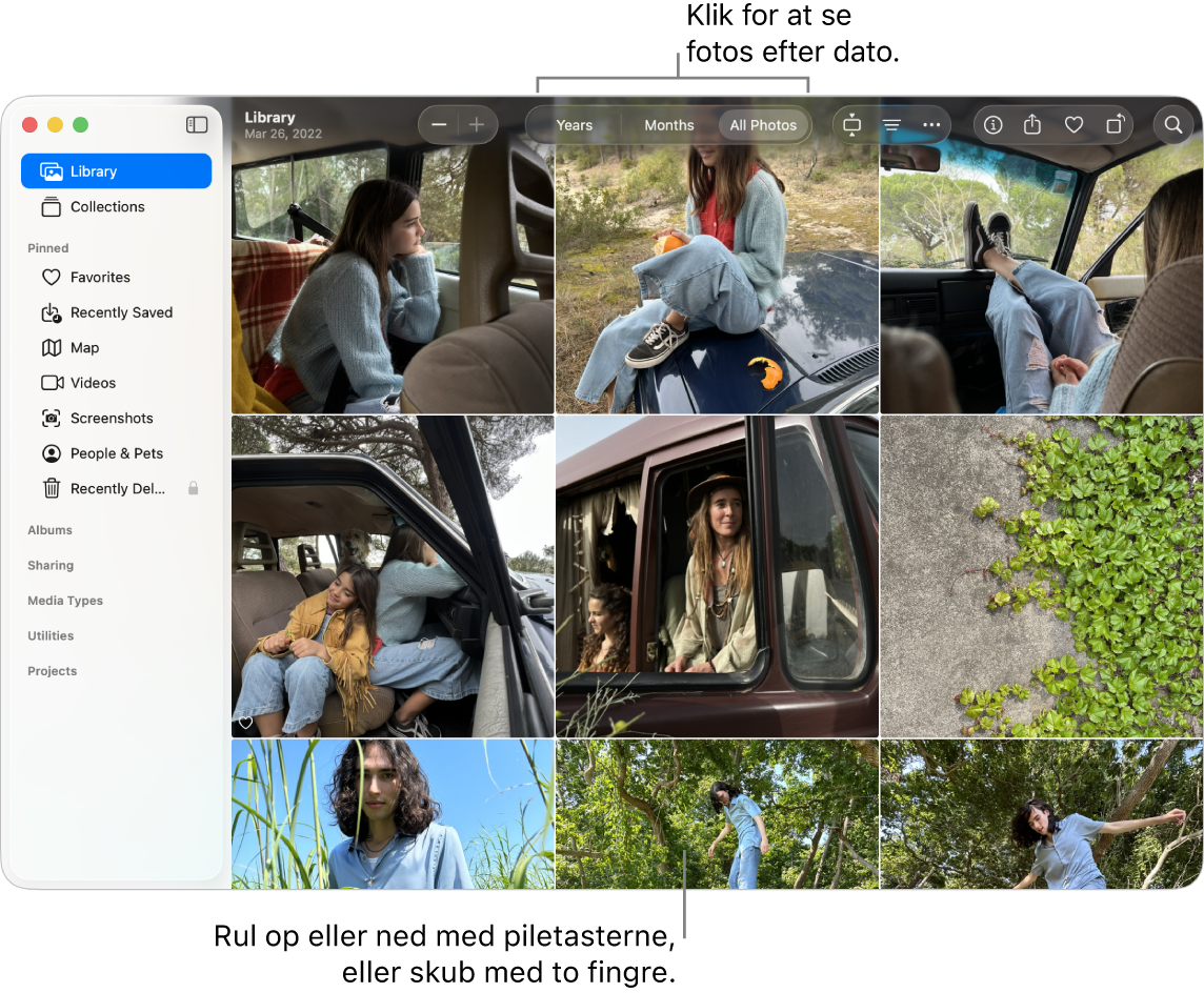 Vinduet Fotos, hvor Alle fotos er valgt på værktøjslinjen, og fotos organiseret efter dato vises i vinduets hovedområde.