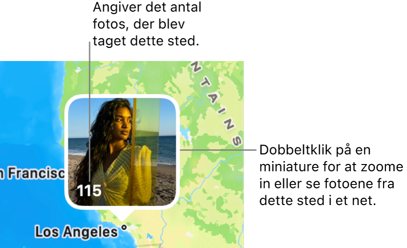 Et miniaturefoto på et kort med et tal i nederste venstre hjørne, der viser, hvor mange fotos der er taget på samme lokalitet.