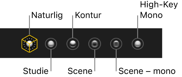 Lyseffekter til portrætfunktion, herunder (fra venstre til højre) Naturlig, Studie, Kontur, Scene, Scene – mono og High-Key Mono.