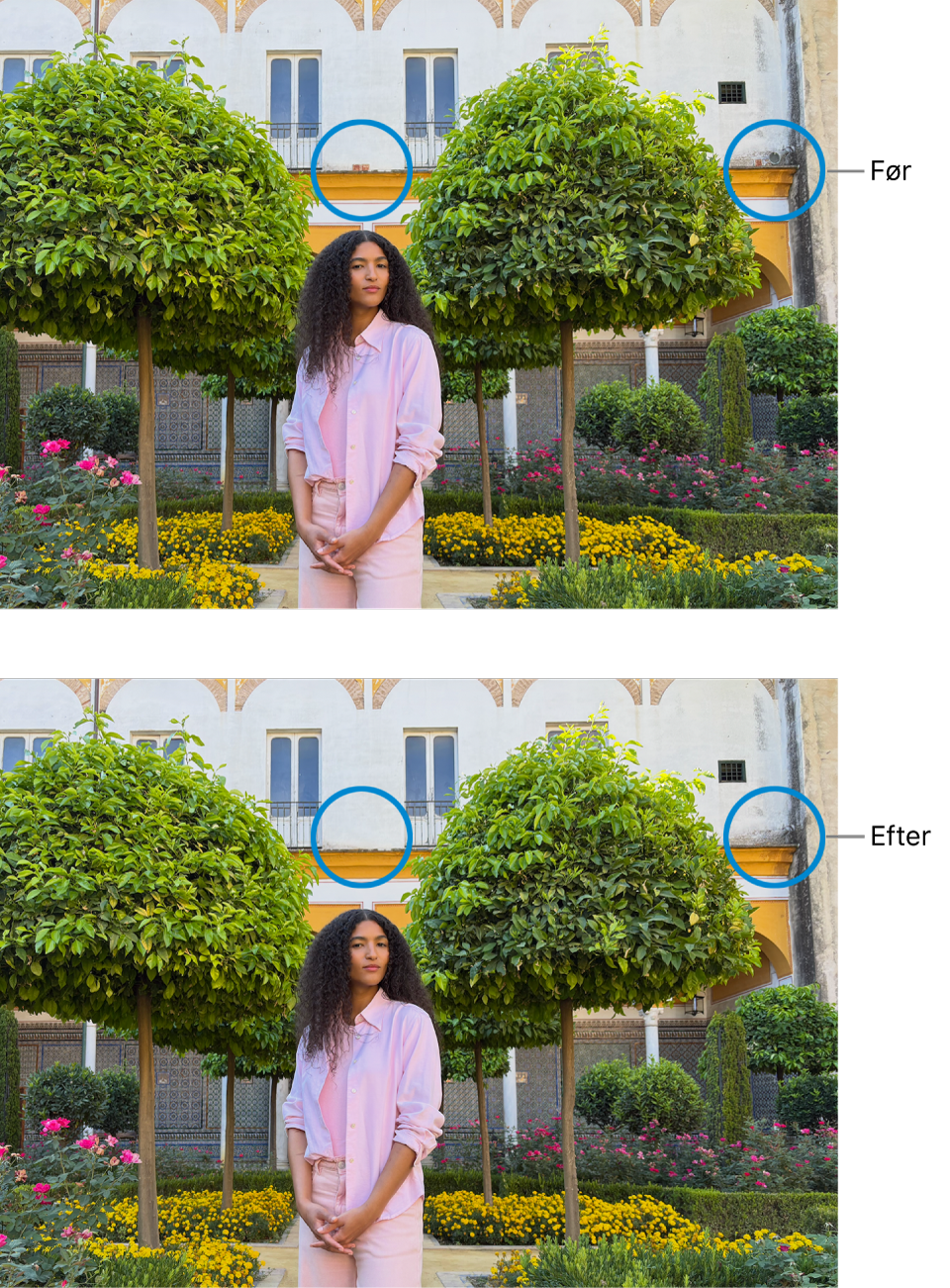 Et foto, der viser skønhedsfejl på en bygning, og det samme foto efter retouchering.