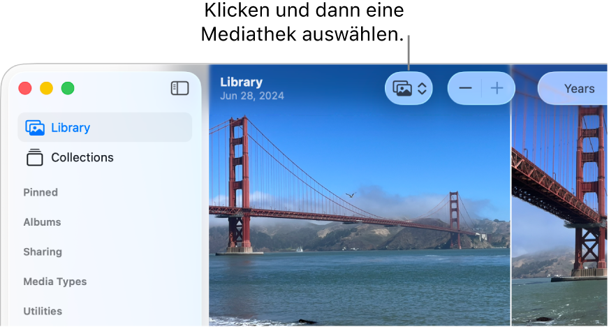 Der Bereich links oben im Fenster der App „Fotos“ zeigt die Seitenleiste und das Einblendmenü „Mediathek“ in der Symbolleiste.