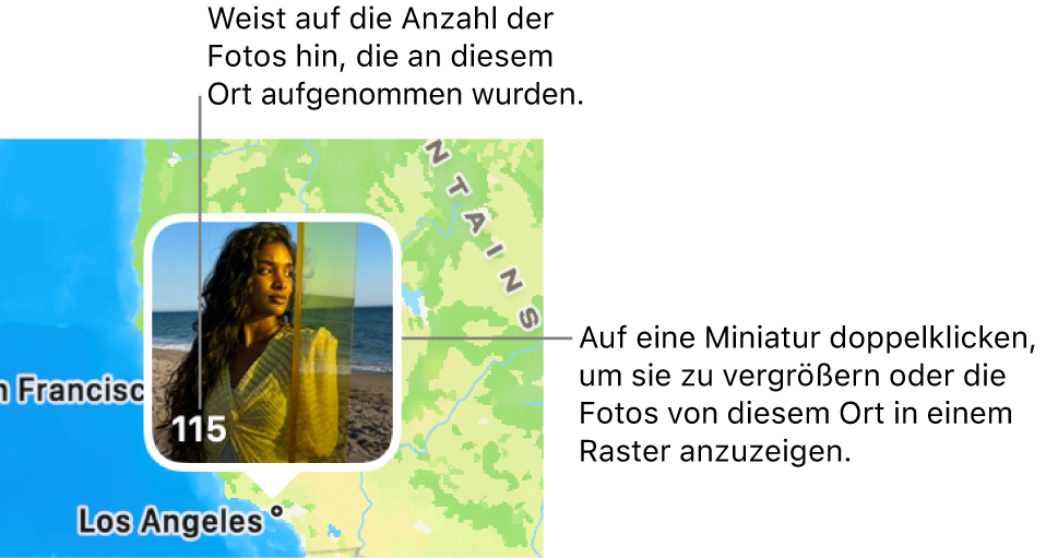 Eine Fotominiatur auf einer Karte mit einer Zahl unten links in der Ecke, die anzeigt, wie viele Fotos an diesem Standort aufgenommen wurden.