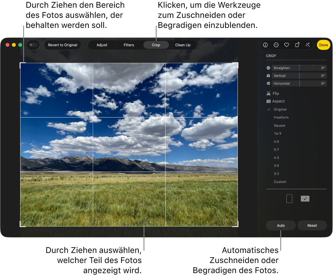 Ein Foto in der Bearbeitungsansicht mit dem ausgewählten Werkzeug „Zuschneiden“ in der Symbolleiste, einem Auswahlrahmen um das Foto, Bearbeitungsreglern, Optionen für Seitenverhältnisse und die Tasten „Autom.“ und „Zurück“ rechts.