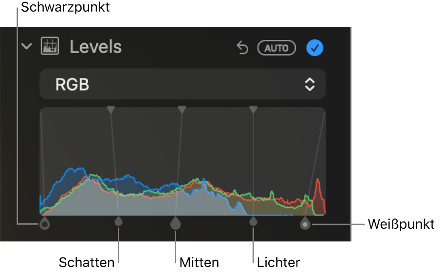 Die Steuerungen „Tonwerte“ im Bereich „Anpassen“ mit dem RGB-Histogramm und Aktivpunkten unten, zu denen (von links nach rechts) Schwarzpunkt, Schatten, Mitteltöne, Glanzlichter und Weißpunkt gehören.