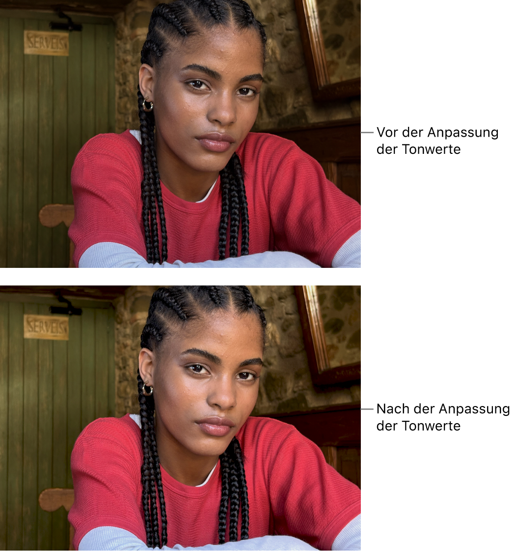 Ein Foto vor und nach dem Anpassen der Tonwerte.