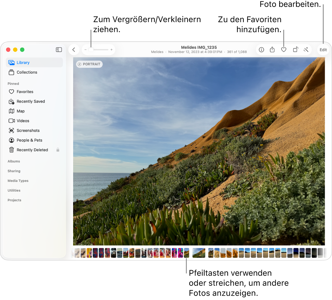 Das Fenster „Fotos“ mit einem vergrößert dargestellten Foto rechts und einer Reihe von Miniaturen darunter. Die Symbolleiste oben umfasst den Zoomregler und die Tasten „Favorit“ und „Bearbeiten“.