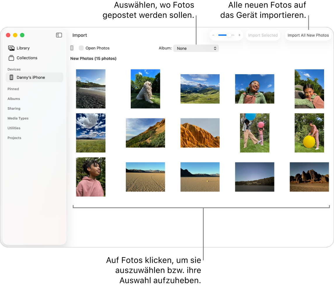 Das Fenster „Importieren“ in der App „Fotos“ auf dem Mac zeigt neue Fotos auf einem Gerät an. Oben in der Mitte befindet sich das Einblendmenü „Album“. Die Tasten für „Importieren“ befinden sich oben rechts.