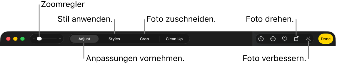 Die Symbolleiste „Bearbeiten“ mit Steuerelementen zum Ein- oder Auszoomen in einem Foto, Vornehmen von Anpassungen, Anwenden eines fotografischen Stils und zum Zuschneiden, Drehen und Verbessern von Fotos.