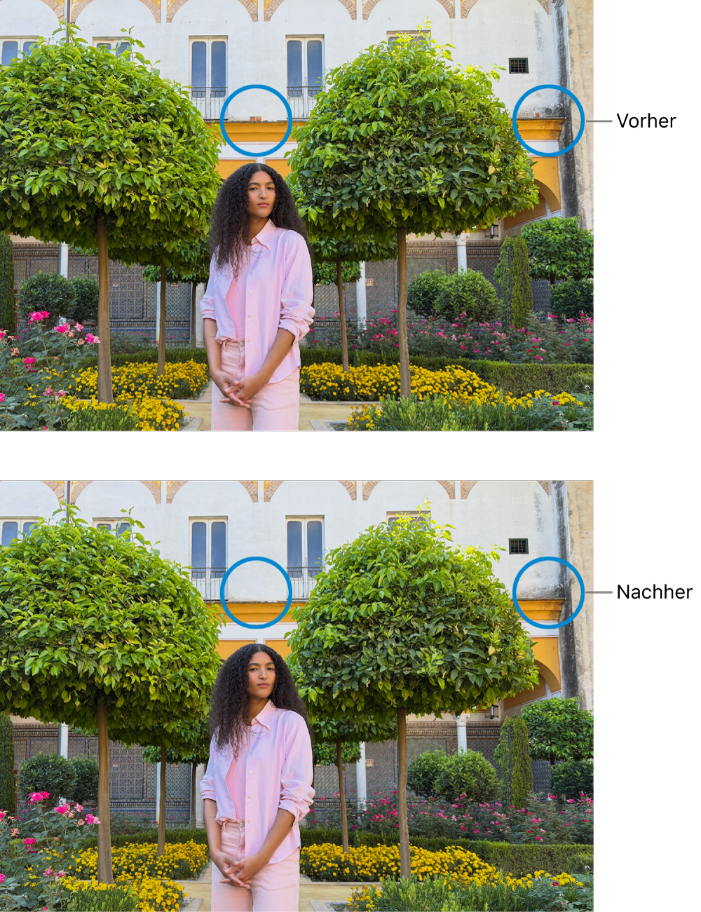 Ein Foto, das Mängel an einem Gebäude zeigt, und dasselbe Foto nach dem Retuschieren.