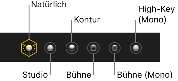 Die Optionen für die Beleuchtungseffekte eines Fotos, das im Porträtmodus aufgenommen wurde. Hierzu gehören (von links nach rechts) „Natürlich“, „Studio“, „Kontur“, „Bühne“, „Bühne (Mono)“ und „High-Key (Mono)“.