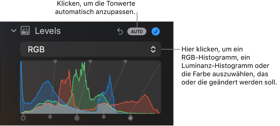 Die Steuerungen „Tonwerte“ im Bereich „Anpassen“ mit der Taste „AUTO“ rechts oben und dem RGB-Histogramm unten.