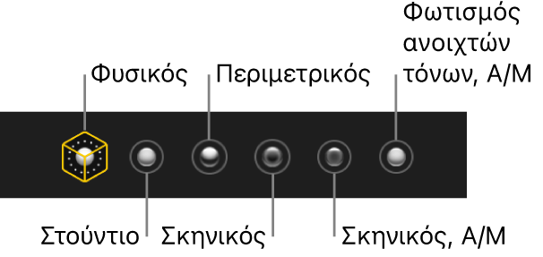 Επιλογές εφέ φωτισμού σε λειτουργία Πορτρέτου, συμπεριλαμβανομένων (από αριστερά προς τα δεξιά) των επιλογών «Φυσικός», «Στούντιο», «Περίγραμμα», «Σκηνικός», «Σκηνικός, Α/Μ» και «Φωτισμός ανοιχτών τόνων Α/Μ».
