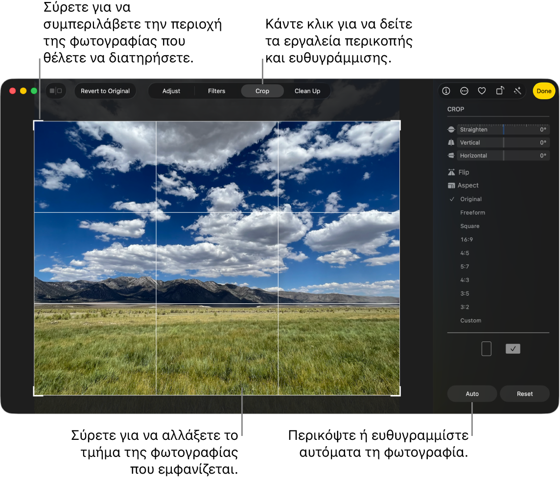 Μια φωτογραφία σε προβολή επεξεργασίας, με την «Περικοπή» επιλεγμένη στη γραμμή εργαλείων, ένα ορθογώνιο επιλογής γύρω από τη φωτογραφία, και  ρυθμιστικά ισιώματος, επιλογές αναλογίας διαστάσεων, και κουμπιά «Αυτόματα» και «Επαναφορά» στα δεξιά.