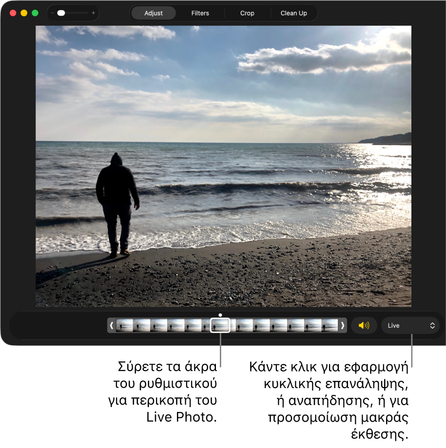 Ένα Live Photo σε προβολή επεξεργασίας με ένα ρυθμιστικό από κάτω που εμφανίζει τα καρέ της φωτογραφίας. Στα δεξιά του ρυθμιστικού βρίσκεται το κουμπί «Ηχείο» και ένα αναδυόμενο μενού που μπορείτε να χρησιμοποιήσετε για εφέ επανάληψης, αναπήδησης ή μακράς έκθεσης.