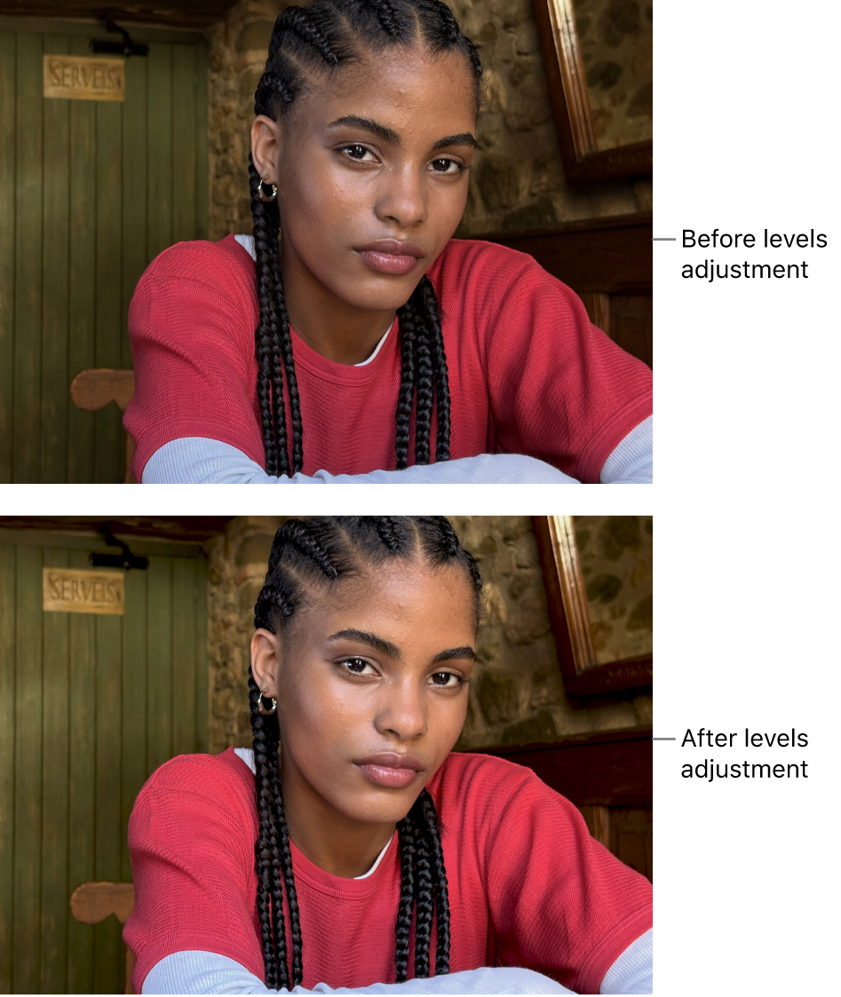 A photo before and after levels adjustments.