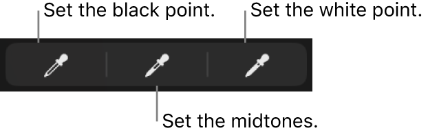 Three eyedroppers used to set the black point, mid-tones and white point of the photo or video.