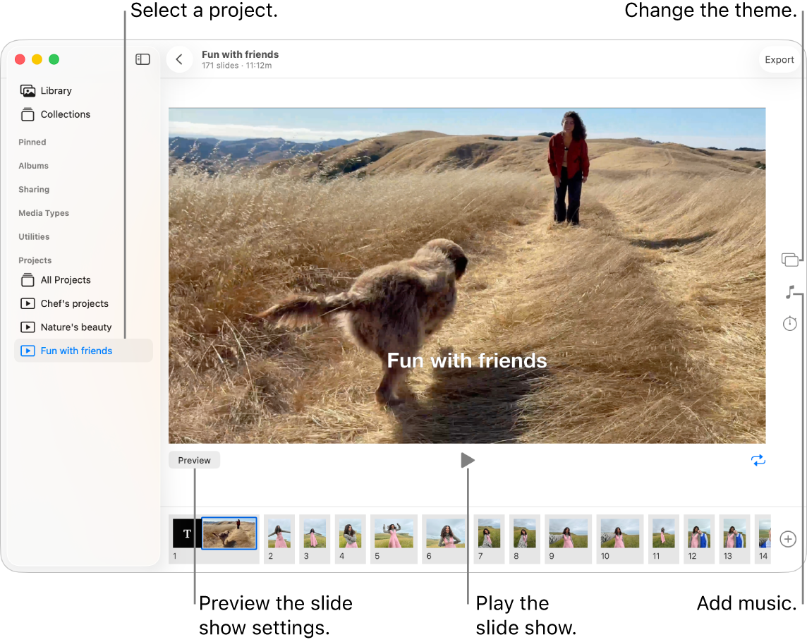 The Photos window showing a slideshow in the main part of the window, with the Preview button, Play button and Loop button under the main slideshow image and thumbnails of all the images in the slideshow at the bottom. The Theme button, Music button and Duration button are on the right.