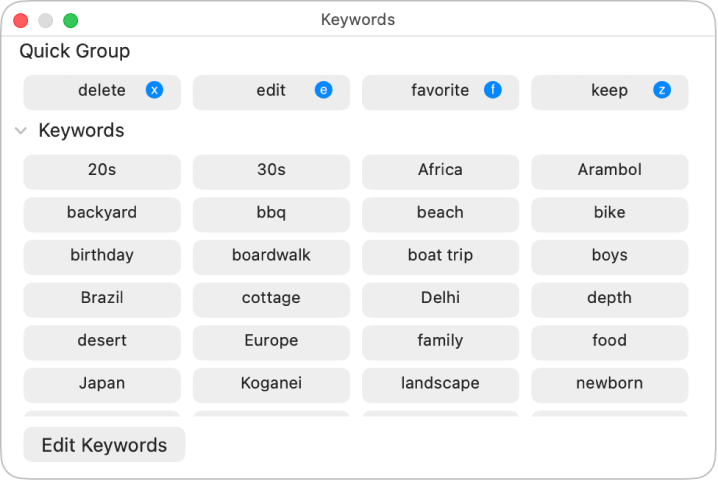 Keywords in the Keyword Manager window, with the Quick Group area at the top and an Edit Keywords button in the lower left.